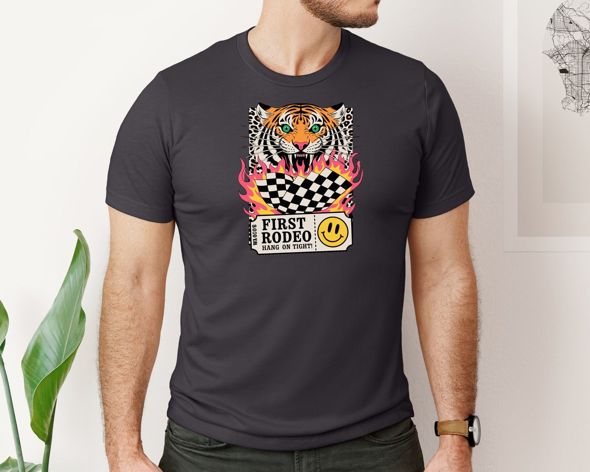 brand:Bella Canvas|color:Heather Dark Grey|Tiger Rodeo Y2K Racing Tattoo Graphic T-Shirt