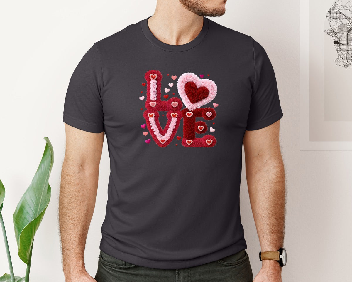 brand:Bella Canvas|color:Heather Dark Grey|Faux Yarn Crochet Love Valentine 5 Graphic T-Shirt