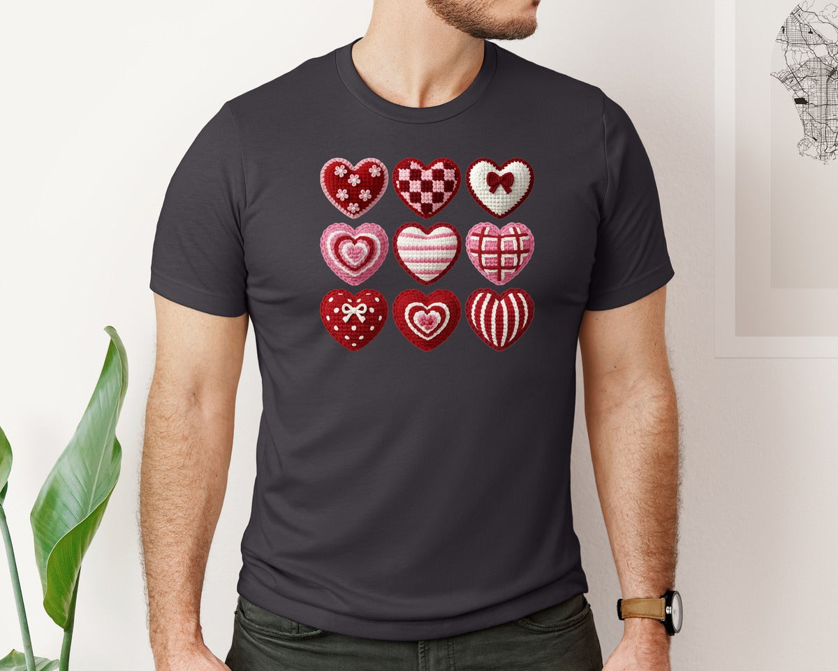 brand:Bella Canvas|color:Heather Dark Grey|Latch Hook Yarn Faux Valentine Heart Bow Graphic T-Shirt
