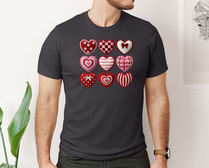 brand:Bella Canvas|color:Heather Dark Grey|Latch Hook Yarn Faux Valentine Heart Bow Graphic T-Shirt