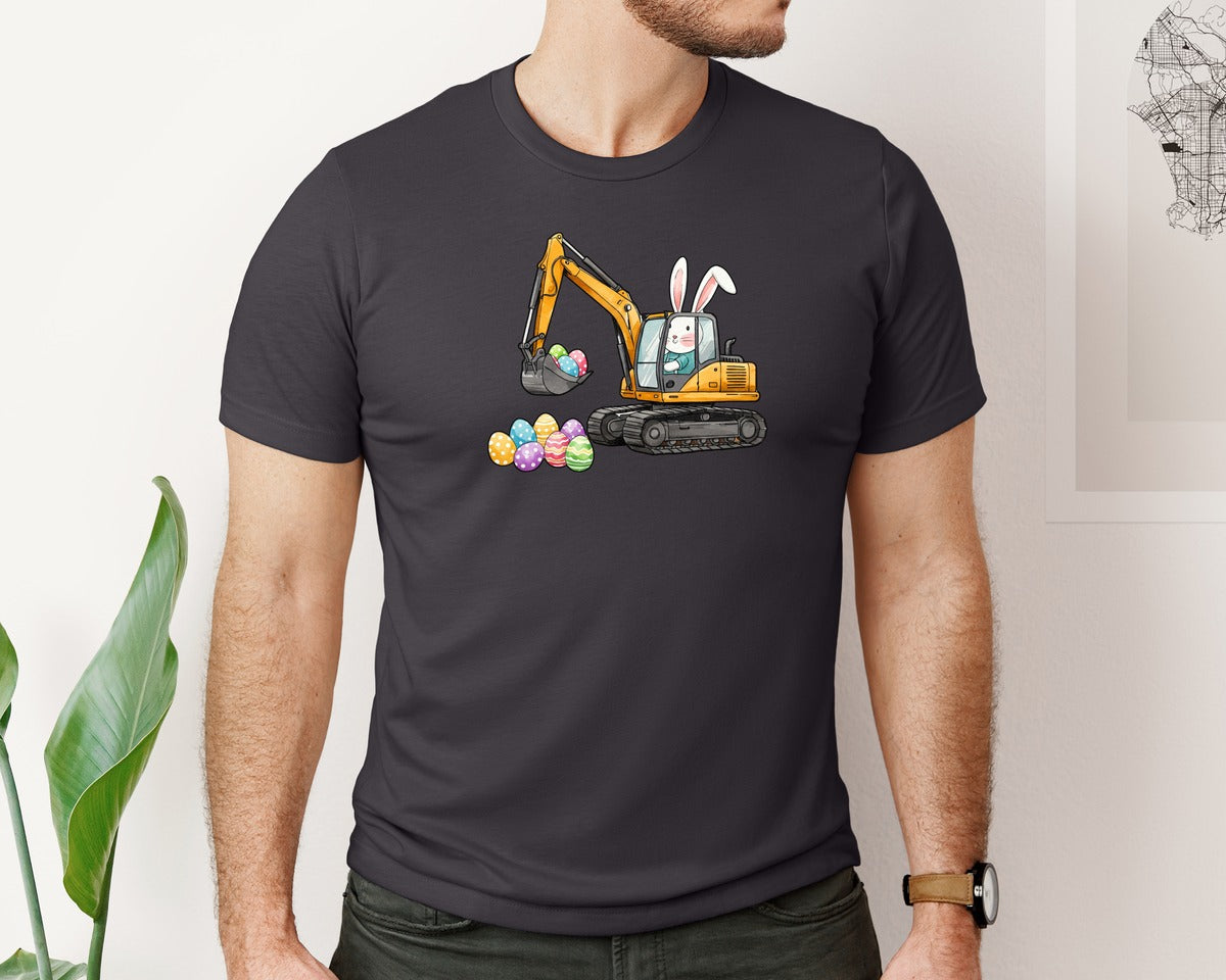 brand:Bella Canvas|color:Heather Dark Grey|Bunny Easter Excavator Graphic T-Shirt