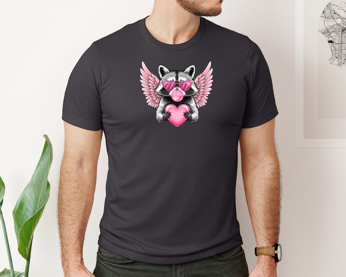 brand:Bella Canvas|color:Heather Dark Grey|Cute Winged Raccoon Valentine Graphic T-Shirt