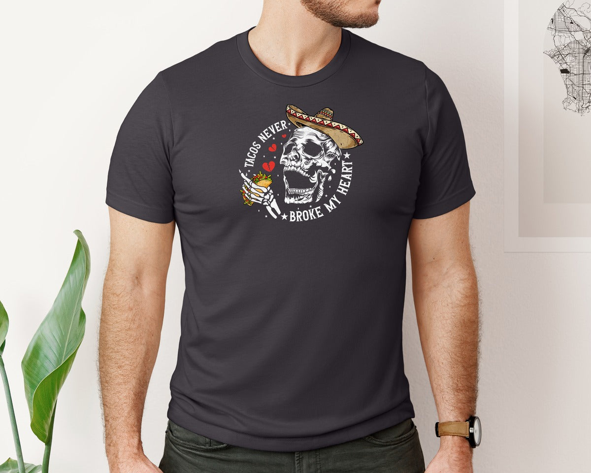 brand:Bella Canvas|color:Heather Dark Grey|Tacos Never Broke My Heart Skeleton Graphic T-Shirt
