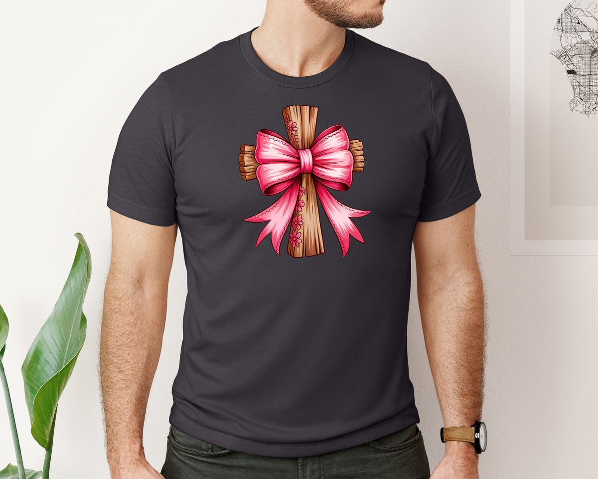 brand:Bella Canvas|color:Heather Dark Grey|Cross With Pink Bow Christian Graphic T-Shirt