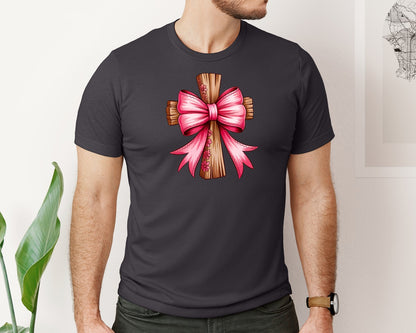 brand:Bella Canvas|color:Heather Dark Grey|Cross With Pink Bow Christian Graphic T-Shirt