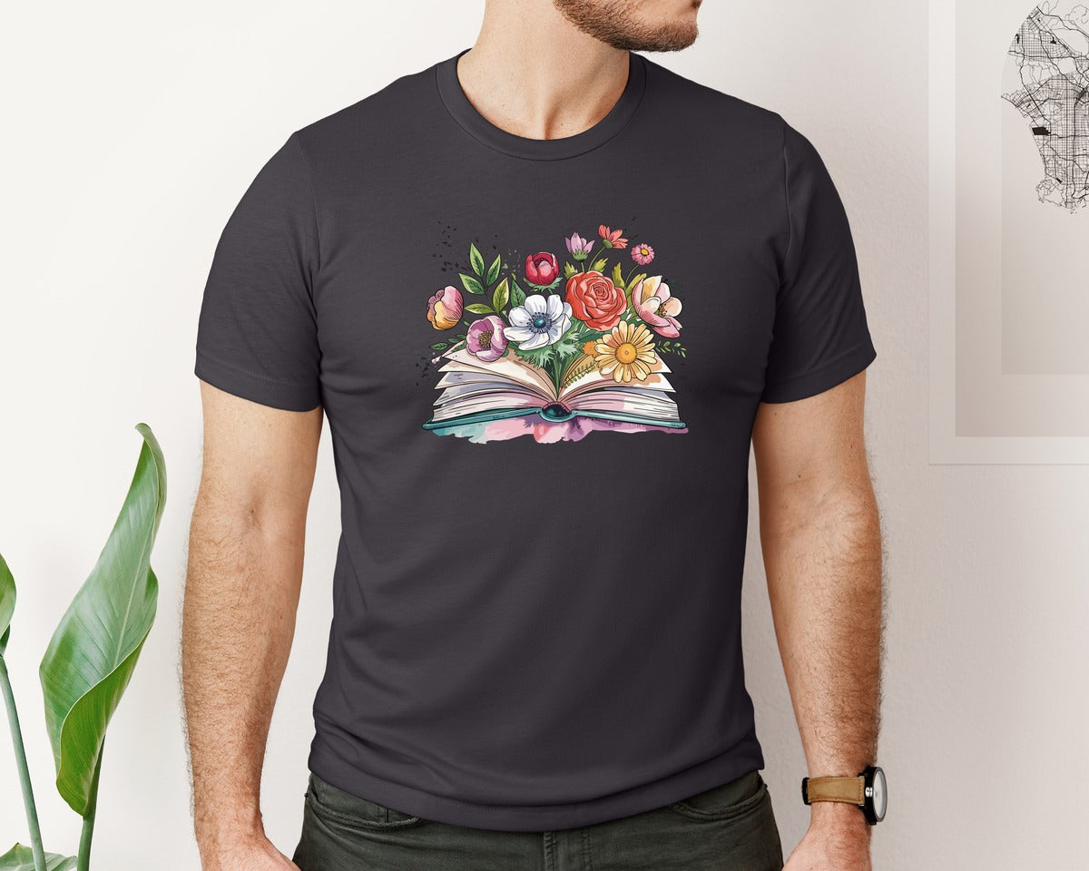 brand:Bella Canvas|color:Heather Dark Grey|Open Book Silhouette With Flower T Shirt 3 Graphic T-Shirt