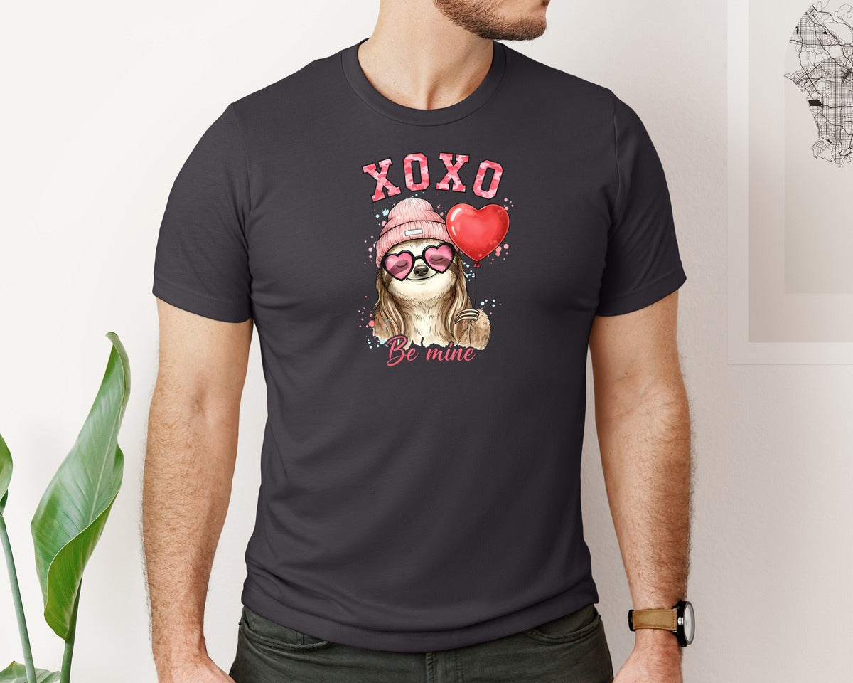 brand:Bella Canvas|color:Heather Dark Grey|Xoxo Be Mine Sloth Valentine Graphic T-Shirt