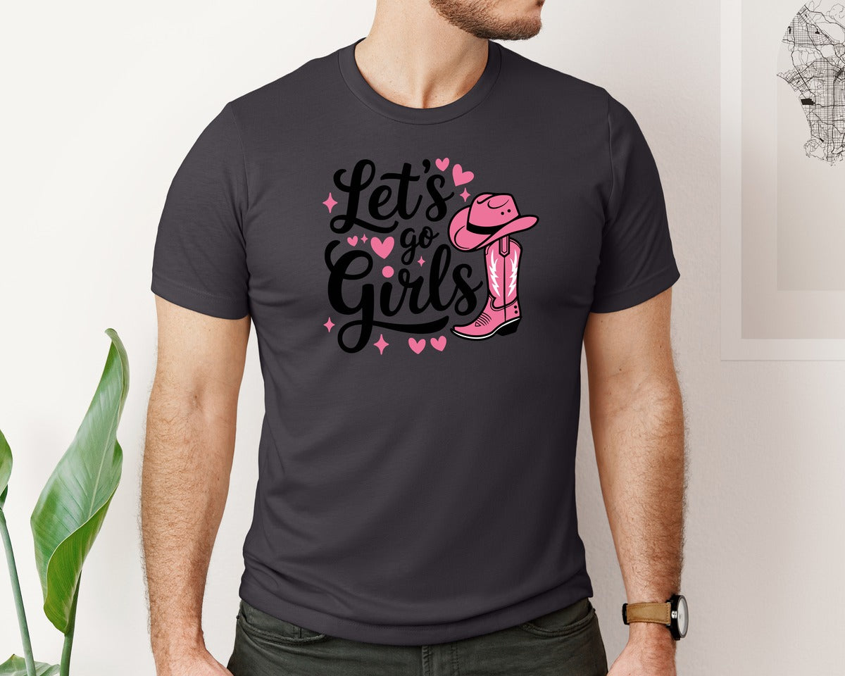 brand:Bella Canvas|color:Heather Dark Grey|Lets Go Girls Western Cowgirl Graphic T-Shirt