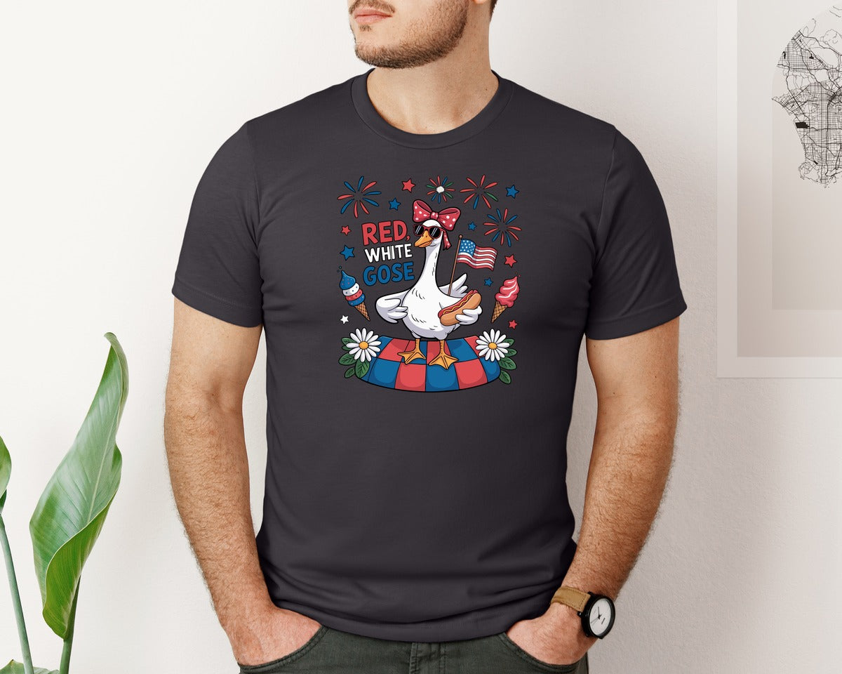 brand:Bella Canvas|color:Heather Dark Grey|Red White Goose Cute July 4 Picnic Graphic T-Shirt