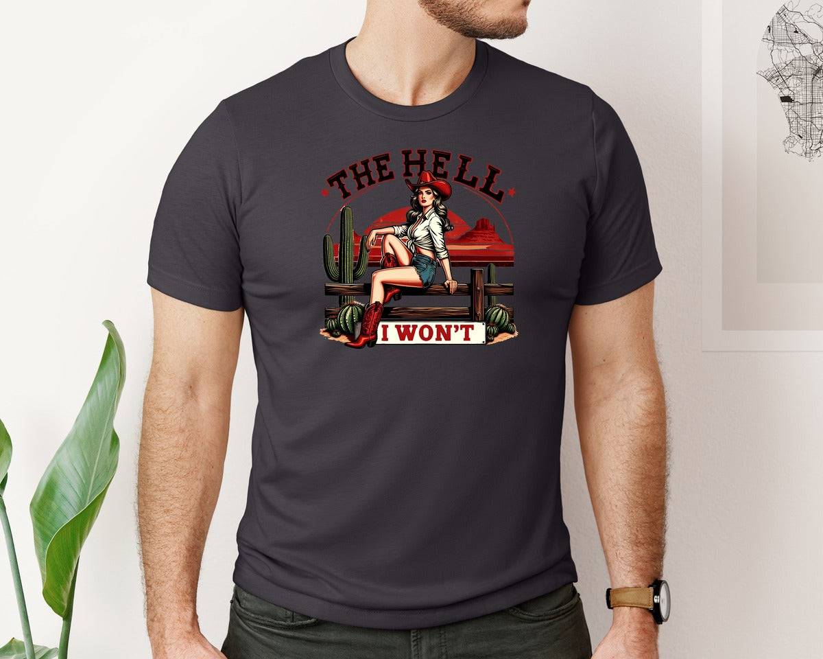 brand:Bella Canvas|color:Heather Dark Grey|The Hell I Wont Western Pngcowgirl Graphic T-Shirt