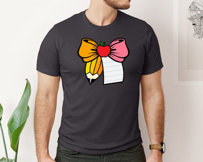 brand:Bella Canvas|color:Heather Dark Grey|Teacher Bow Pencil Bow Back To School Graphic T-Shirt