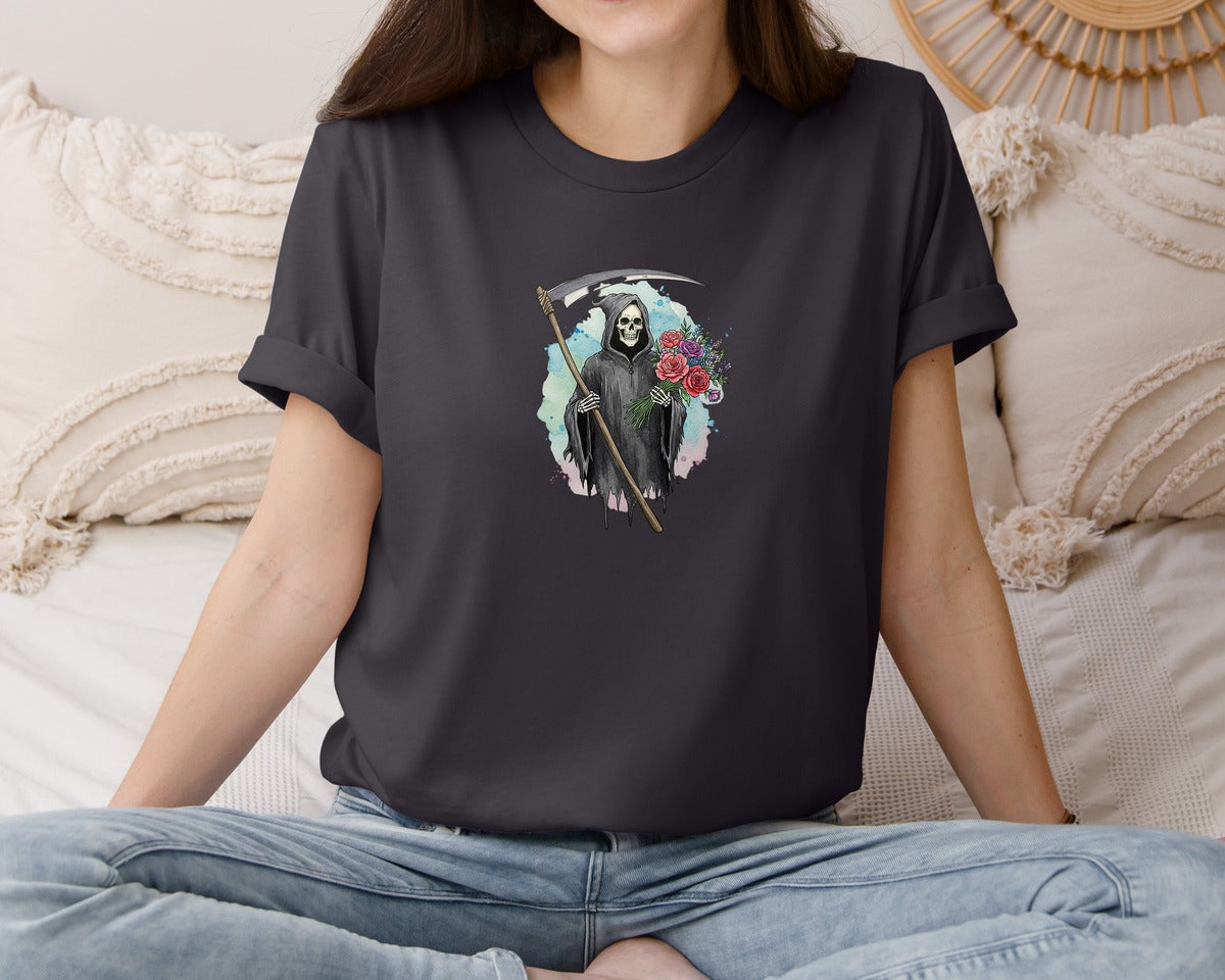 brand:Bella Canvas|color:Heather Dark Grey|Grim Reaper With Flowers Gothic Graphic T-Shirt
