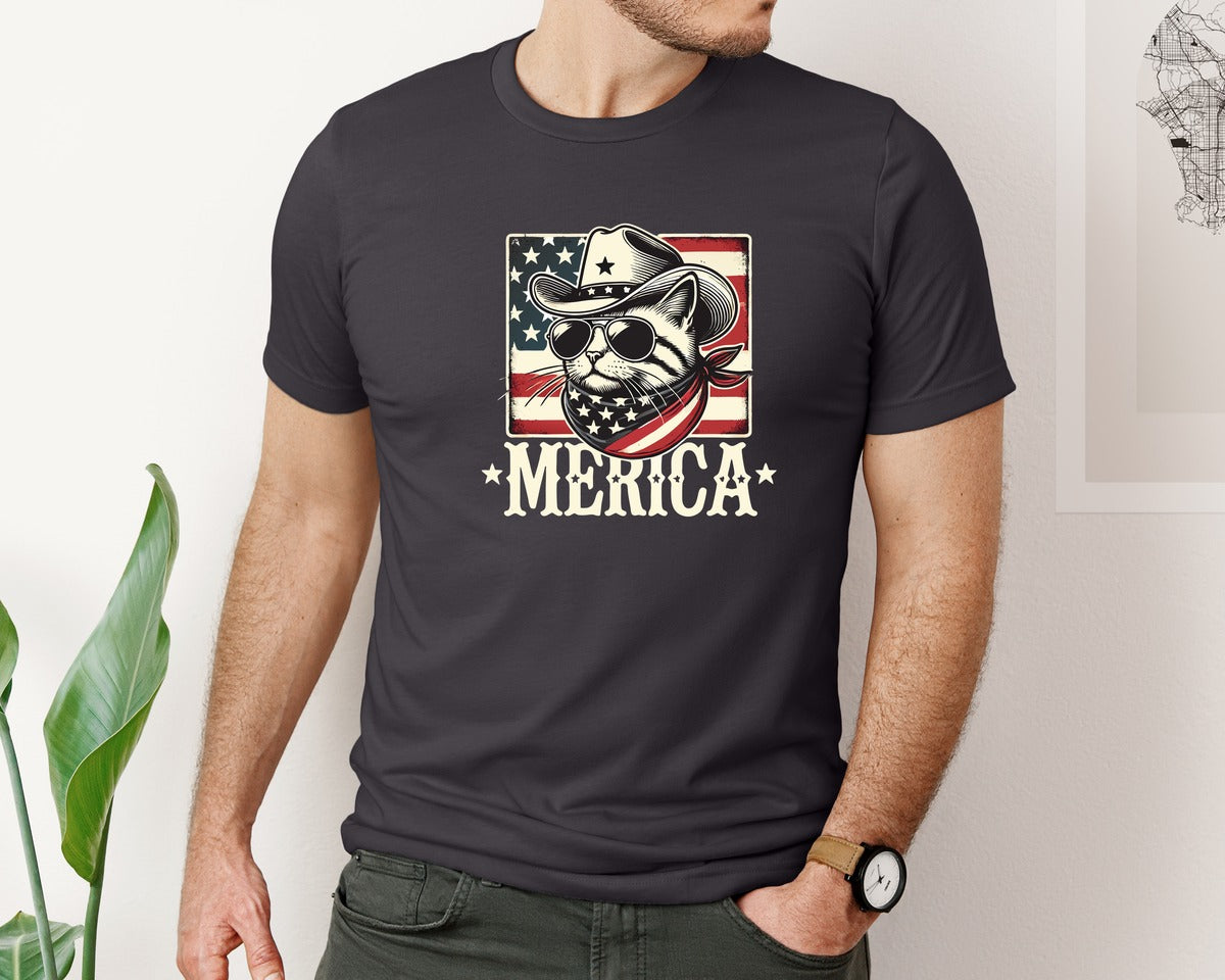 brand:Bella Canvas|color:Heather Dark Grey|Merica Cat Patriotic Cowboy Cat Graphic T-Shirt