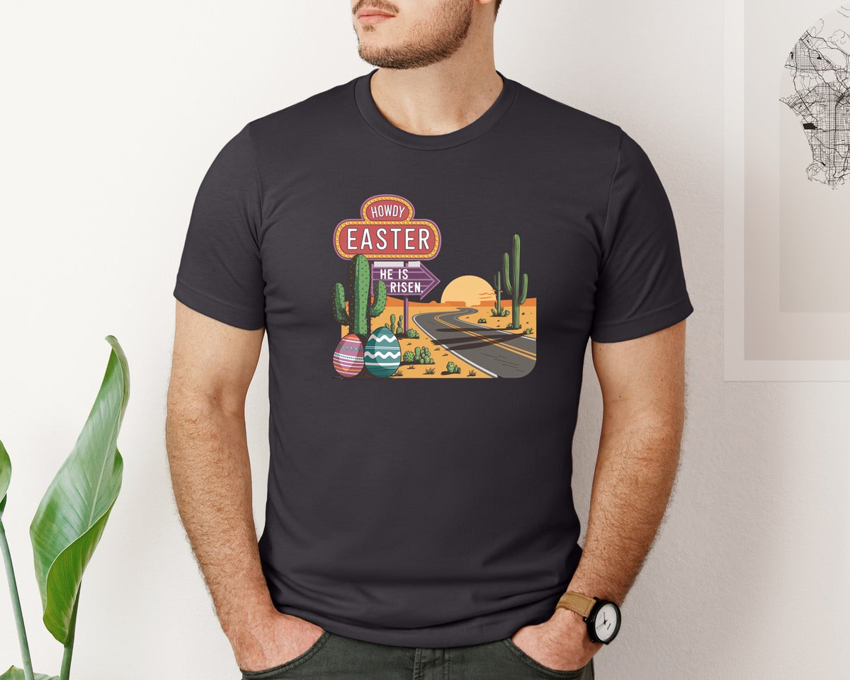 brand:Bella Canvas|color:Heather Dark Grey|Howdy Easter Western Desert Easter 3 Graphic T-Shirt