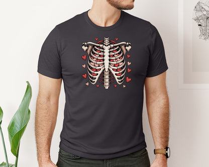 brand:Bella Canvas|color:Heather Dark Grey|Ribcage Heart Love Skeleton Graphic T-Shirt