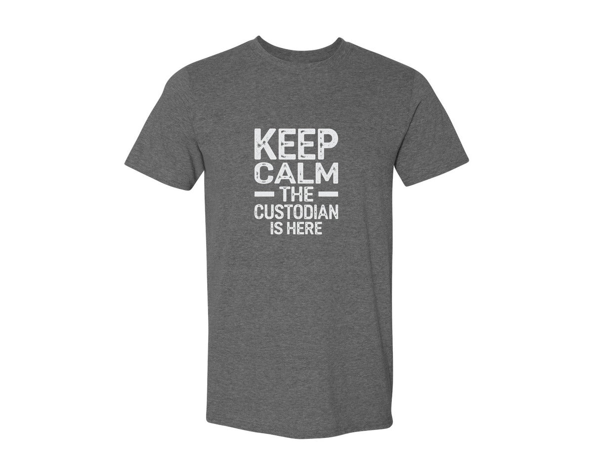 brand:Generic|color:Heather Dark Grey|Keep Calm Custodian Here Graphic T-Shirt