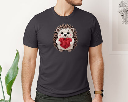 brand:Bella Canvas|color:Heather Dark Grey|Crochet Hedgehog Holding Heart Graphic T-Shirt