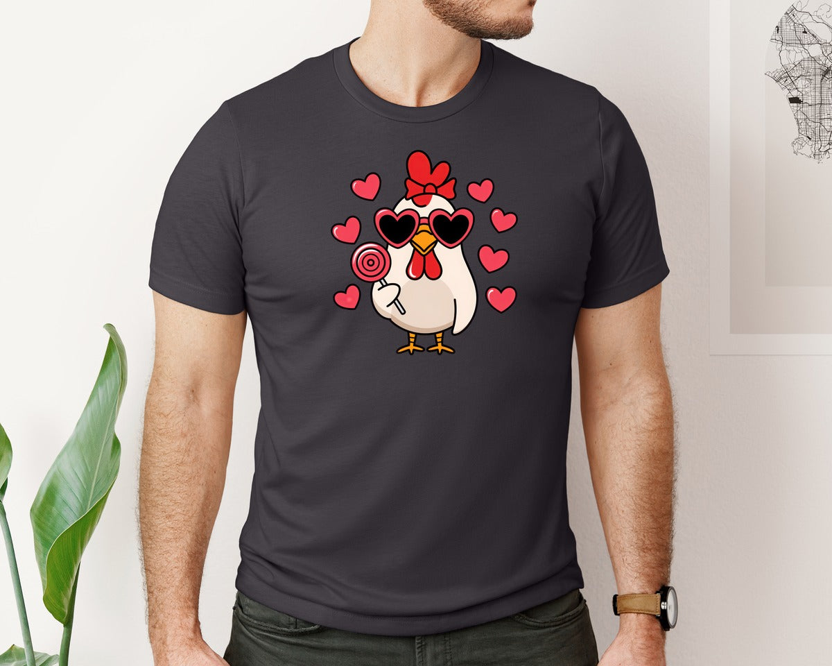 brand:Bella Canvas|color:Heather Dark Grey|Funny Chicken Lollipop Love Hearts Graphic T-Shirt