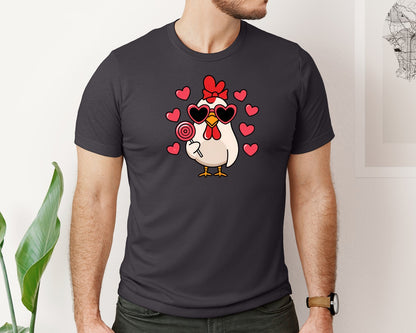 brand:Bella Canvas|color:Heather Dark Grey|Funny Chicken Lollipop Love Hearts Graphic T-Shirt