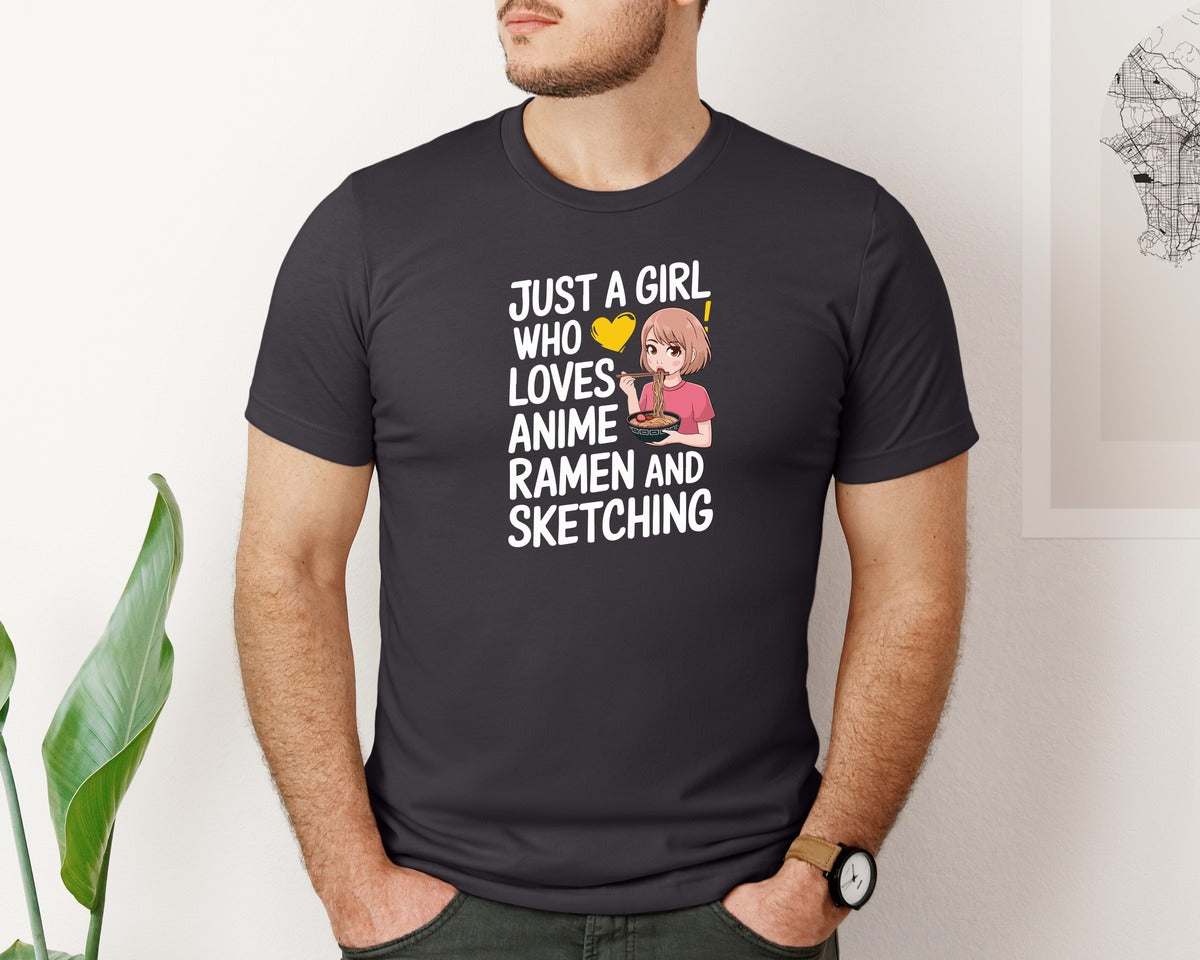 brand:Bella Canvas|color:Heather Dark Grey|Just A Girl Who Loves Anime Ramen And 2 Graphic T-Shirt