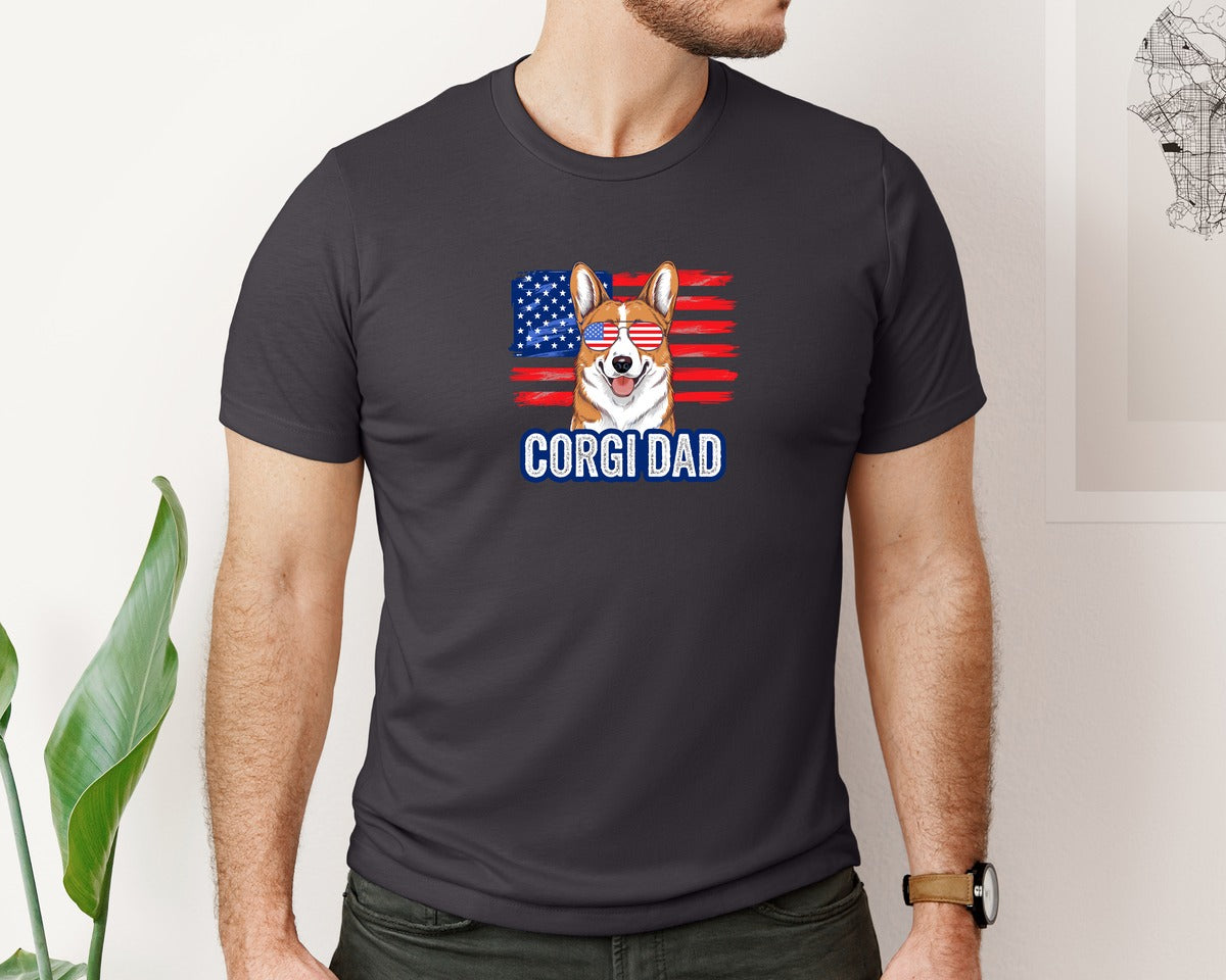 brand:Bella Canvas|color:Heather Dark Grey|Corgi Dad American Flag 4Th Of July Graphic T-Shirt
