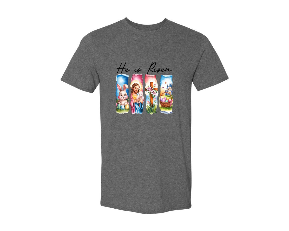 brand:Generic|color:Heather Dark Grey|He Is Risen Easter Jesus Christian Graphic T-Shirt