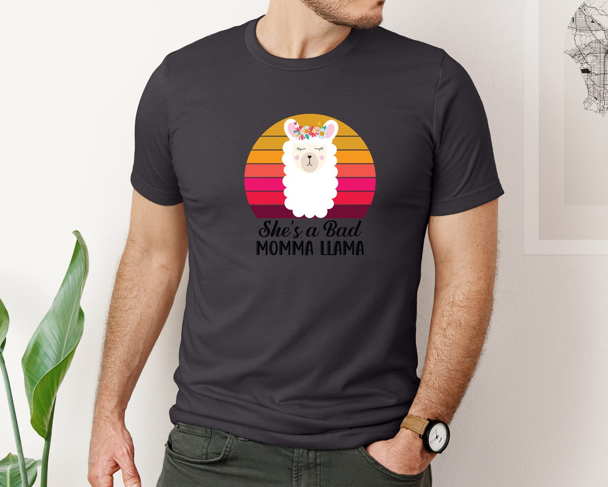 brand:Bella Canvas|color:Heather Dark Grey|Shes A Bad Momma Llama Retro T Shirt Graphic T-Shirt