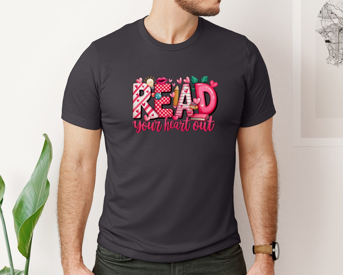 brand:Bella Canvas|color:Heather Dark Grey|Read Your Heart Out Reading Shirt Graphic T-Shirt