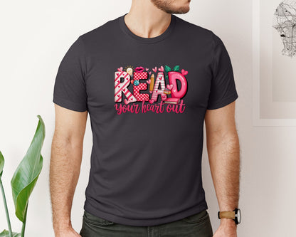 brand:Bella Canvas|color:Heather Dark Grey|Read Your Heart Out Reading Shirt Graphic T-Shirt