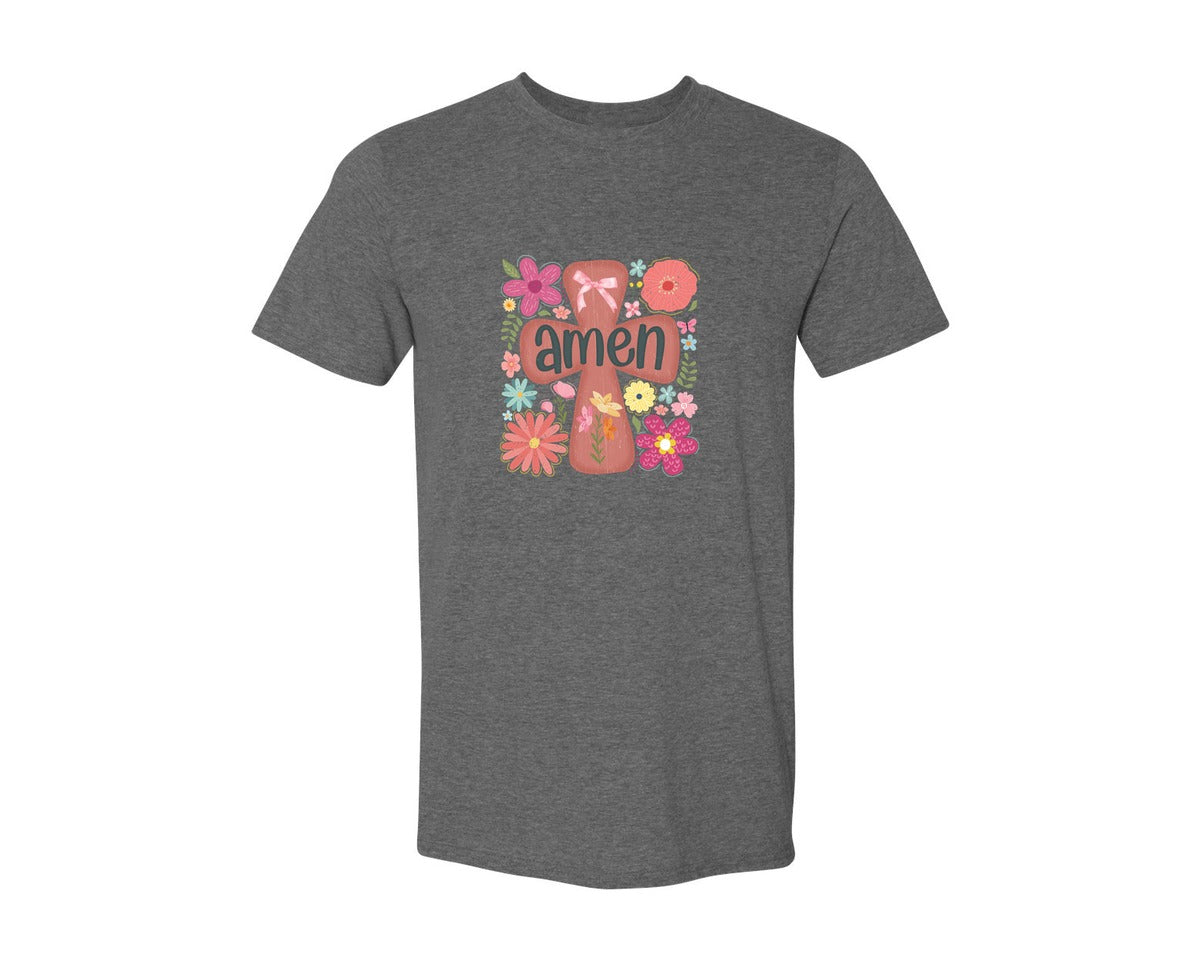 brand:Generic|color:Heather Dark Grey|Boho Floral Amen Christian Graphic T-Shirt