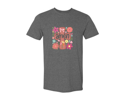 brand:Generic|color:Heather Dark Grey|Boho Floral Amen Christian Graphic T-Shirt
