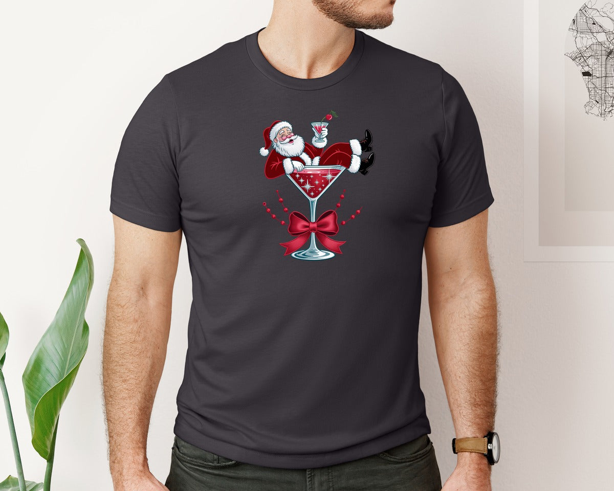 brand:Bella Canvas|color:Heather Dark Grey|Yarn Santa In Martini Glass Graphic T-Shirt