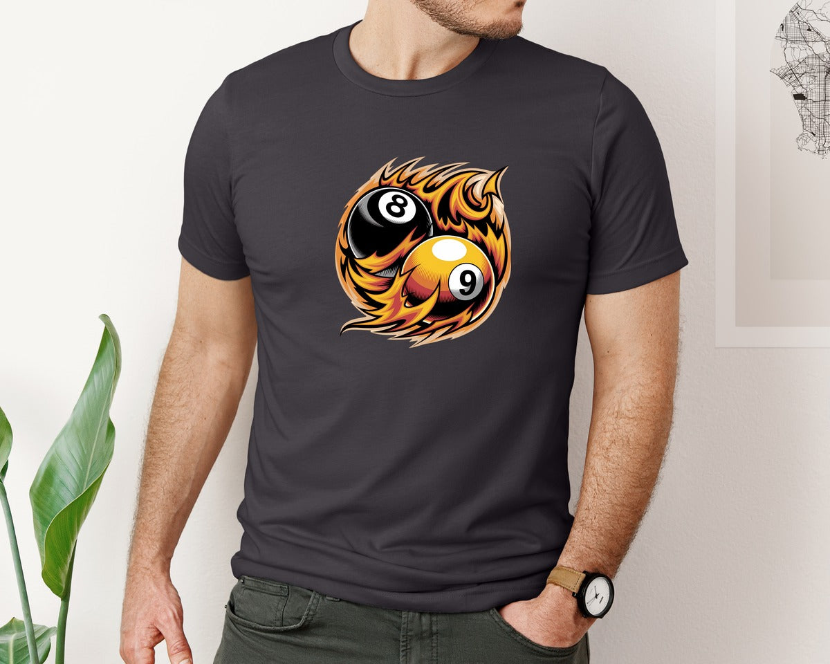brand:Bella Canvas|color:Heather Dark Grey|Flaming 8 9 Ball Billiards Graphic T-Shirt
