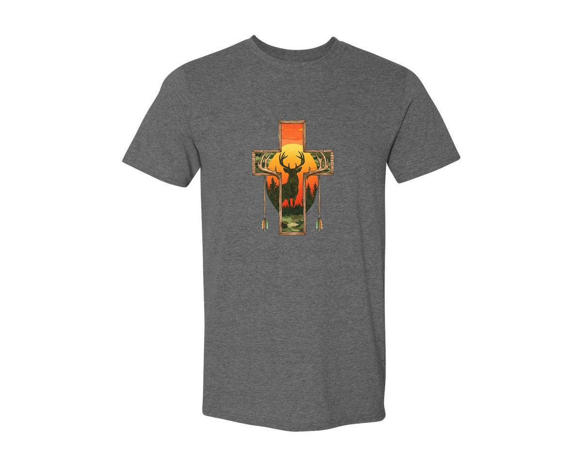 brand:Generic|color:Heather Dark Grey|Deer Cross Rustic Hunting Cross Sub Graphic T-Shirt