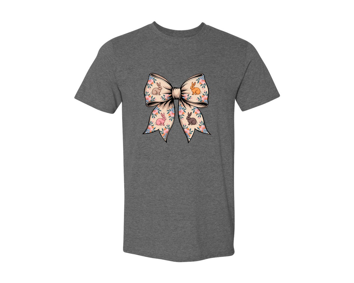 brand:Generic|color:Heather Dark Grey|Floral Bunny Bow Graphic T-Shirt