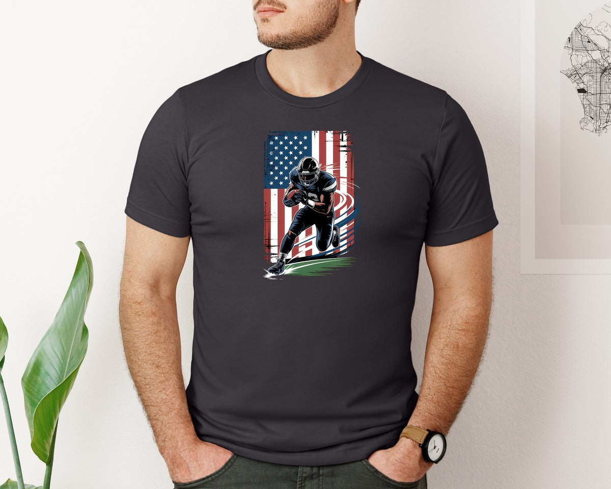 brand:Bella Canvas|color:Heather Dark Grey|Football Player American Flag Graphic T-Shirt