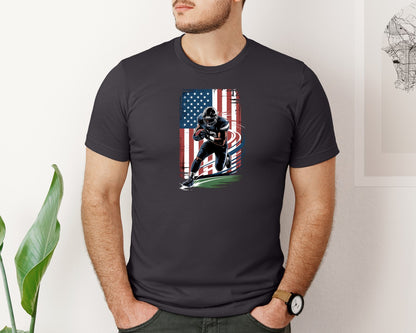 brand:Bella Canvas|color:Heather Dark Grey|Football Player American Flag Graphic T-Shirt