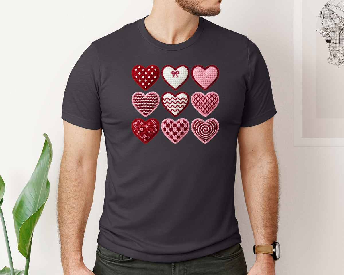 brand:Bella Canvas|color:Heather Dark Grey|Faux Crochet Yarn Valentine Heart Bow Graphic T-Shirt