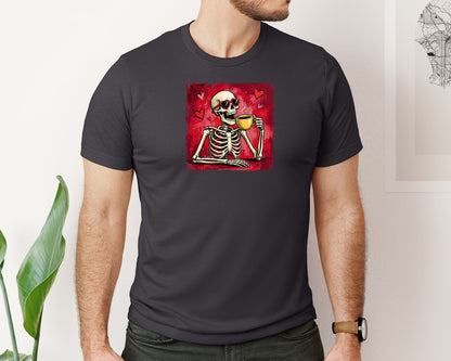 brand:Bella Canvas|color:Heather Dark Grey|Funny Skeleton Coffee Valentine Graphic T-Shirt