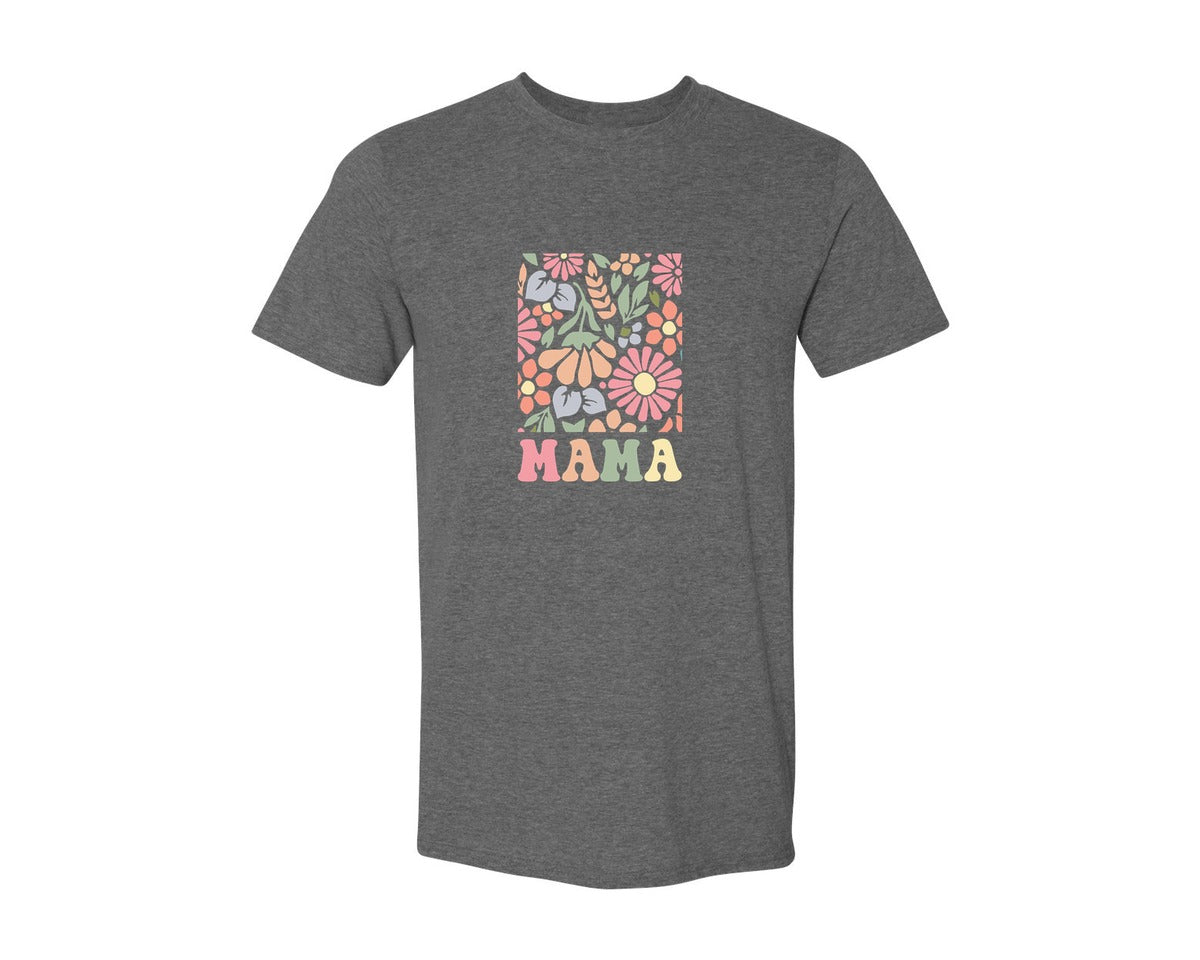 brand:Generic|color:Heather Dark Grey|Boho Floral Mama Mama Flower Graphic T-Shirt