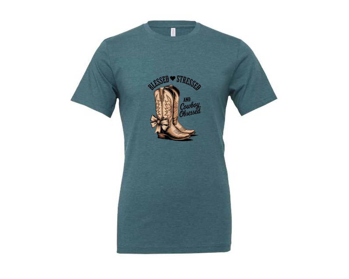 brand:Generic|color:Heather Deep Teal|Blessed Stressed Mom Western Mothers Day 2 Graphic T-Shirt