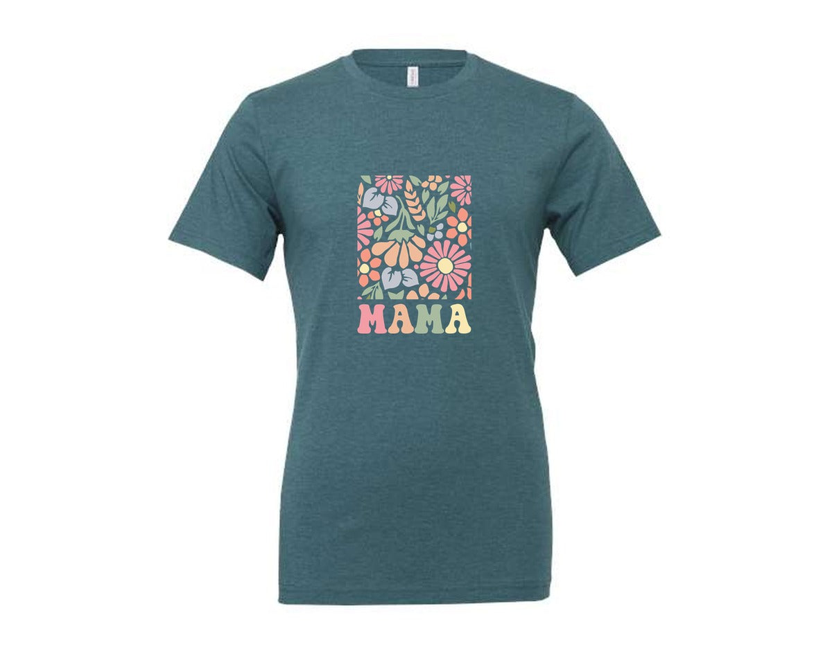 brand:Generic|color:Heather Deep Teal|Boho Floral Mama Mama Flower Graphic T-Shirt