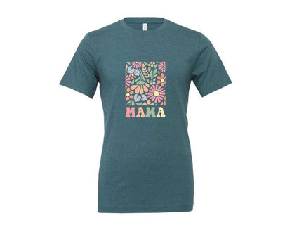 brand:Generic|color:Heather Deep Teal|Boho Floral Mama Mama Flower Graphic T-Shirt