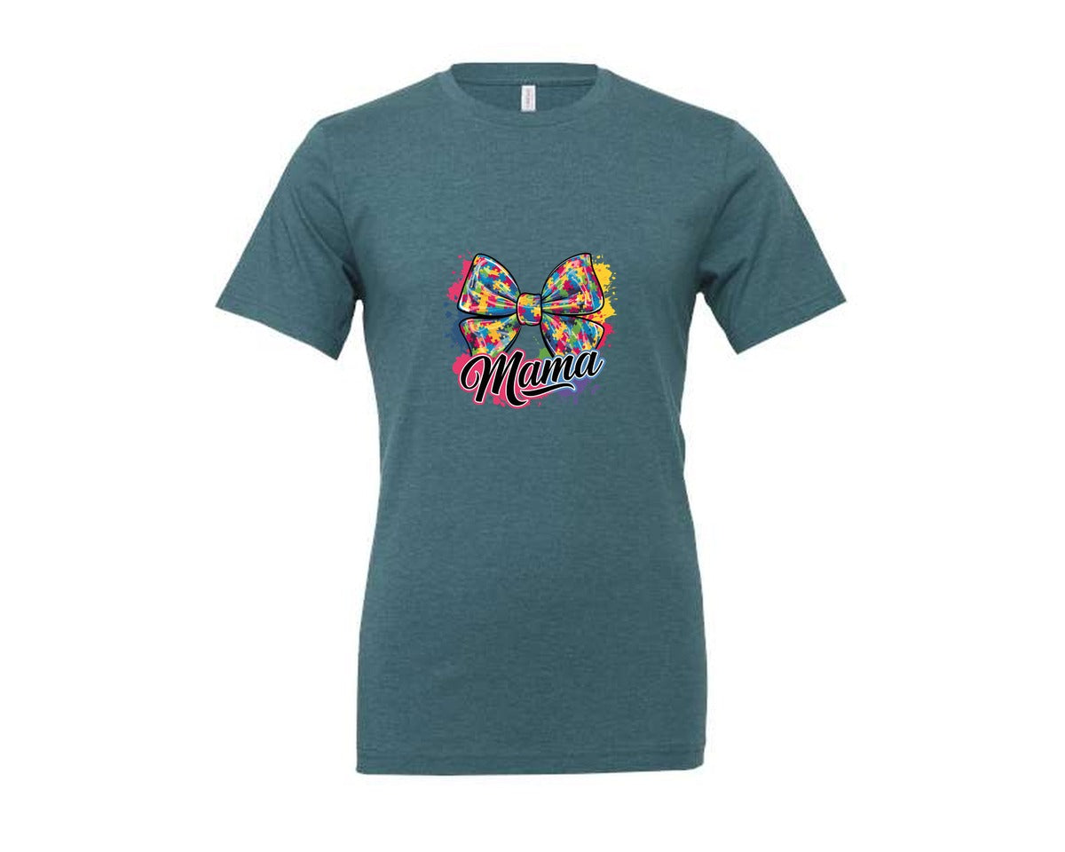 brand:Generic|color:Heather Deep Teal|Autism Mama Colorful Puzzle Bow Art Graphic T-Shirt