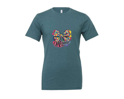 brand:Generic|color:Heather Deep Teal|Autism Mama Colorful Puzzle Bow Art Graphic T-Shirt