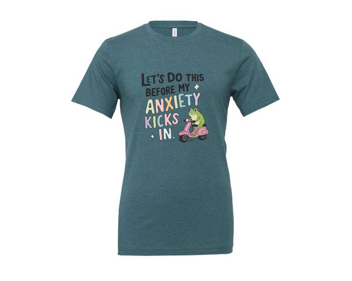brand:Generic|color:Heather Deep Teal|Anxiety Scooter Frog Cute Pastel Graphic T-Shirt