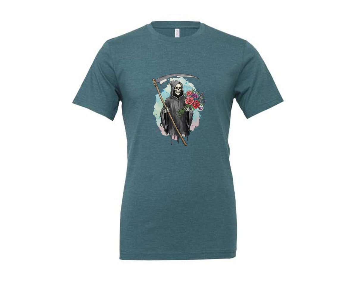 brand:Generic|color:Heather Deep Teal|Grim Reaper With Flowers Gothic Graphic T-Shirt