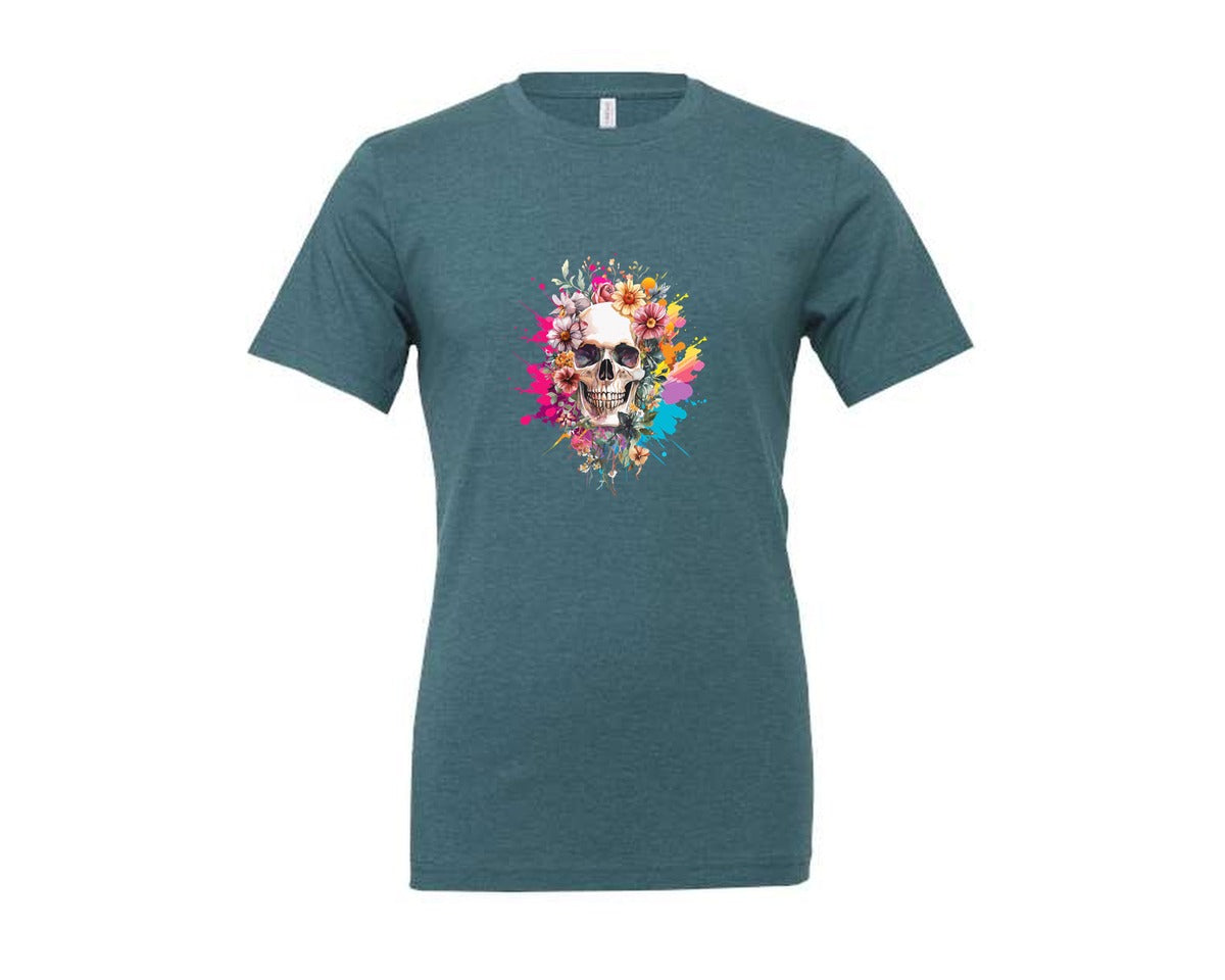 brand:Generic|color:Heather Deep Teal|Floral Skull Watercolor Skull Shirt Graphic T-Shirt