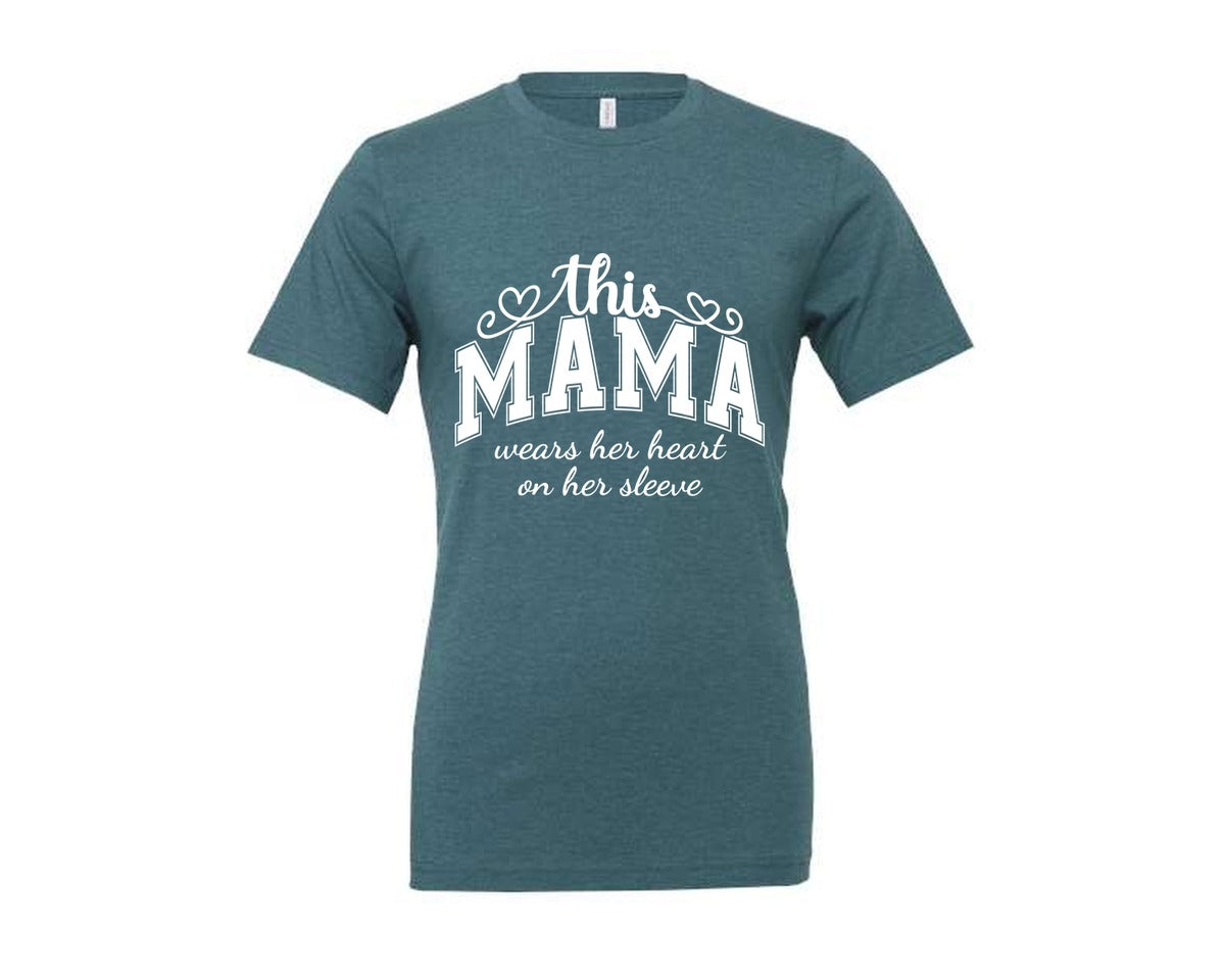brand:Generic|color:Heather Deep Teal|This Mama Wears Her Heart On Her Sleeve 74 Graphic T-Shirt