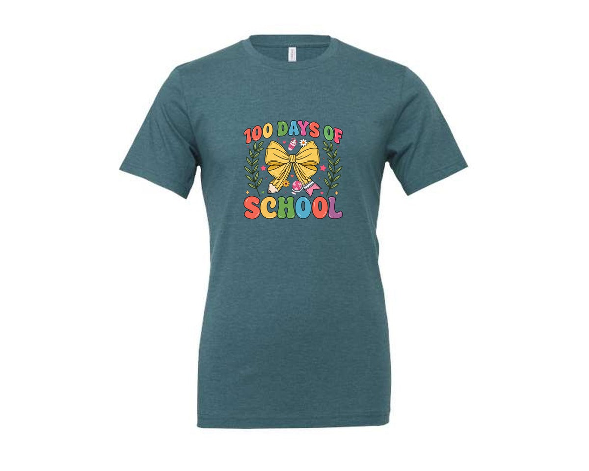 brand:Generic|color:Heather Deep Teal|100 Days Of School Coquette 38 Graphic T-Shirt